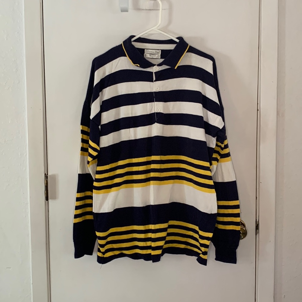 Christian Dior white, navy and yellow striped long sleeve polo rugby shirt